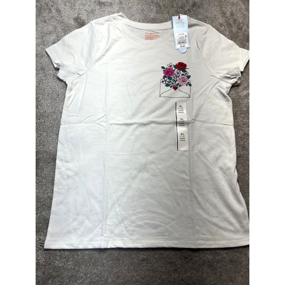 Cat & Jack White Short Sleeve Floral T-Shirt Girls XL (14) New with tags